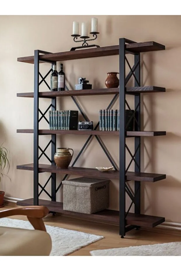 Özke Dekor Metal Ahşap 5 Katlı Kitaplık Raf